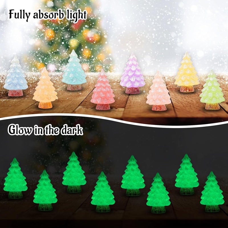 Feivando 24 Pcs Mini Glitter Christmas Tree Figurines Glow in The Dark Xmas Luminous Resin Tree Miniature for Holiday DIY Crafts Garden Micro Landscape Party Home Tabletop Decoration - Image 3